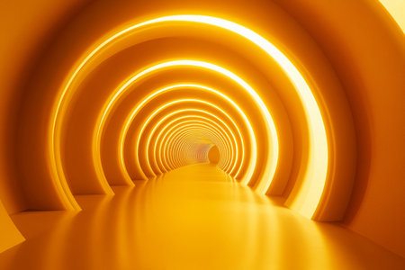 Winding pathway illuminated by soft yellow-orange light creates a surreal atmosphere. The tunnel invites exploration, evoking a sense of adventure and wonder in an enchanting space.の素材