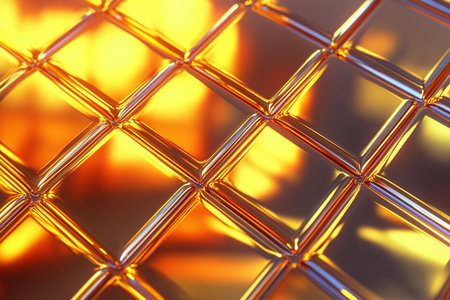 A mesmerizing pattern of golden squares glimmers under soft twilight. The shiny background reflects warm hues, creating an enchanting atmosphere that captures the beauty of dusk's embrace.の素材