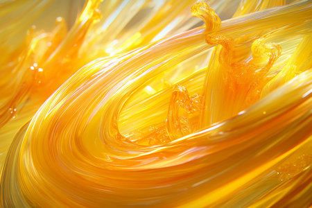 Explosive waves of yellow and orange merge harmoniously, evoking the warm embrace of a summer sunset. The luminous colors flow dynamically, creating an entrancing visual experience.の素材