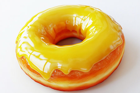 A delicious yellow-orange donut sits beautifully on a clean surface, its shiny glaze glistening in the light. This scrumptious treat invites indulgence with its vibrant colors and smooth texture.の素材