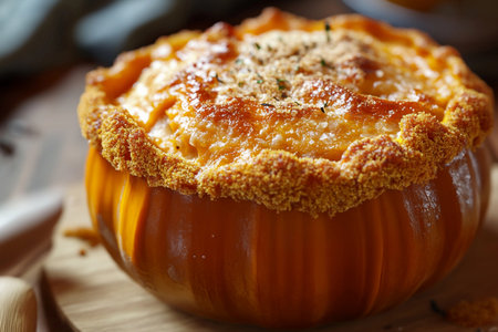Savor the rich pumpkin filling nestled in a crispy golden crust, creating an inviting centerpiece for a cozy fall feast. Perfectly baked, it promises warmth and comfort in every bite.の素材
