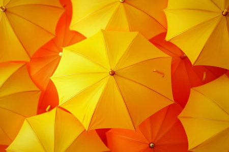 Under a clear blue sky, a sparkling array of yellow-orange umbrellas fills the cafの素材