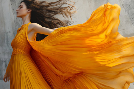 A woman in a flowing mango-colored dress twirls gracefully, her hair catching the breeze. The scene captures a sense of freedom, joy, and beauty amidst a serene backdrop.の素材