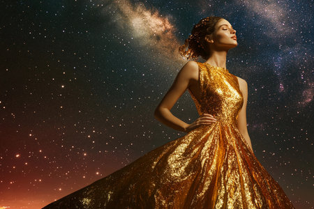 Dazzling in her golden dress, a woman stands gracefully against a breathtaking cosmic background full of stars. Her serene expression captures the beauty of the universe's wonders.の素材
