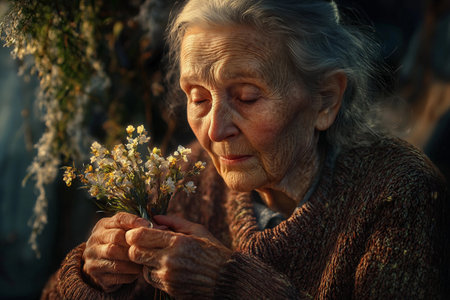 In a tranquil garden, an elderly woman closes her eyes, savoring a delicate bouquet of wildflowers. Soft sunlight illuminates her gentle expression, reflecting a moment of pure gratitude and joy.の素材