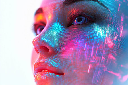 Vivid colors blend seamlessly across the woman's face, showcasing a fusion of technology and artistry. The captivating hues reflect a futuristic aesthetic, evoking emotion and intrigue.の素材