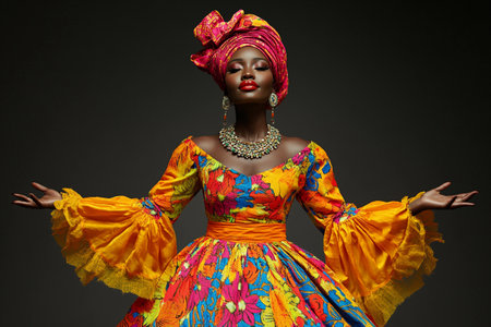 A confident woman stands elegantly, showcasing her bright traditional dress adorned with intricate patterns.の素材