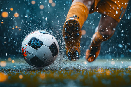 A player skillfully hits the soccer ball amid pouring rain, sending droplets splashing in every direction. The atmosphere is electric, showcasing the intensity of the match.の素材