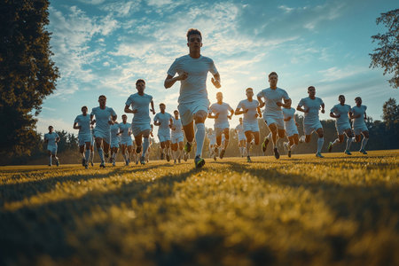 A dedicated group of football players sprints across a sunlit field, showcasing their commitment to teamwork and fitness. They're fully immersed in their training routine as the day draws to a close.の素材