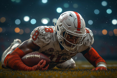 Exhausted and covered in mud, the player falls to his knees on the field, reflecting the intensity of the night game. His determination and struggle are evident under the stadium lights.の素材
