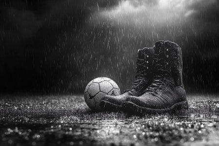 Rain pours heavily as worn boots stand beside a weathered soccer ball on a muddy field. The atmosphere is thick with anticipation, yet no players are in sight, only the promise of play.の素材