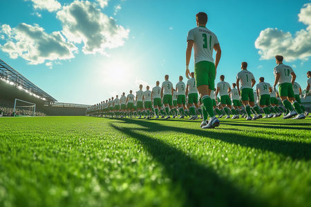 Under a brilliant sunset sky, a team of players assembles on the lush green field, readying themselves with focused energy for an important match, showcasing unity and determination.の素材
