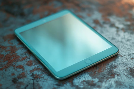 Bathed in soft light, a sleek glass tablet lies on an old metal surface, reflecting subtle colors. The contrasting textures create an intriguing visual harmony that draws the eye.の素材