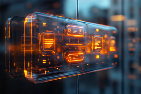 Glowing transparent buttons hover against a crystal-clear city backdrop during twilight. The vibrant orange lights create a captivating contrast, hinting at advanced technology and innovation.の素材
