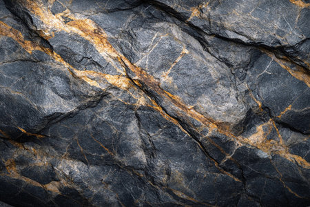 Dark stone highlighted by brilliant quartz veins forms a captivating natural design. Glimmers of light dance across the surface, showcasing the earth's artistic craftsmanship over time.の素材