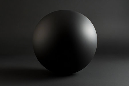 A smooth, black sphere rests on a black matte surface, creating a striking contrast with its surroundings. The simplicity of its form evokes a sense of mystery and depth.の素材