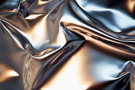 A richly textured metallic backdrop reflects gentle light, showcasing intricate folds and shimmering surfaces. This captivating scene evokes feelings of modern elegance and artistic allure.の素材