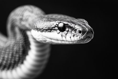 Enveloped in timeless elegance, a snake rests calmly against a dark backdrop. Each scale glimmers under soft light, revealing the intricate patterns unique to its species.の素材