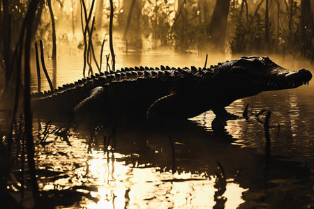 In the stillness of dawn, a crocodile lies gracefully in the murky waters of the swamp, its silhouette illuminated by the soft, golden glow of the rising sun. Mist swirls above the surface.の素材