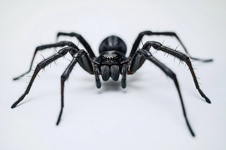 A striking black spider rests motionless, showcasing its intricate legs and shiny body against a pure white backdrop. The contrast highlights its features and creates a captivating visual balance.の素材