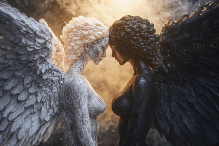 Two striking angels, one light and one dark, stand facing each other in an ethereal glow. Their intense expressions create a captivating clash of good and evil, symbolizing balance and conflict.の素材
