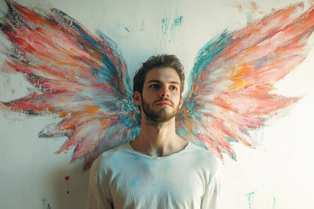 A young man stands confidently against a wall adorned with colorful, painted wings. His expression is thoughtful, blending art and emotion in a captivating display of creativity.の素材