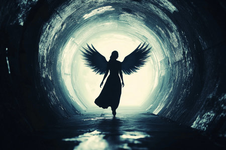 A graceful angel silhouette stands boldly, illuminated by a brilliant light at the tunnel's end. The ethereal figure exudes a sense of hope amidst the darkness, captivating the viewer.の素材