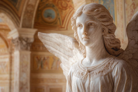 Nestled in an ornate hall, a stunning marble angel statue stands gracefully, wings outstretched. Its serene expression captivates visitors, embodying peace and divine beauty in a timeless setting.の素材