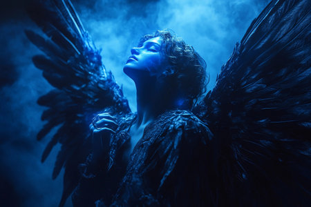 A celestial figure with striking blue illumination stands gracefully amidst swirling mist. The angel's dark wings create a dramatic contrast, evoking a sense of wonder and tranquility.の素材