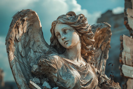 Amidst the remnants of a bygone era, a serene angel statue stands, softly gazing upwards. Its weathered features tell stories of love and loss, echoing a timeless reminder of beauty and hope.の素材