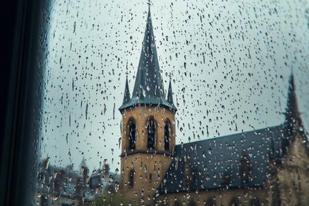 Raindrops cling to the glass, distorting the view of a Gothic church steeple. Overcast skies loom, casting a melancholic aura over the architecture, inviting reflection and tranquility.の素材