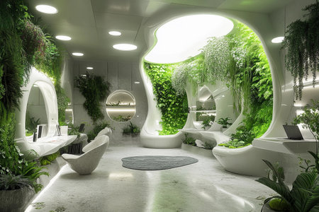 Futuristic interior showcases bionic elements where nature harmonizes with modern aesthetics. Greenery wraps around sleek furniture, creating an inviting and serene atmosphere for creative work.の素材