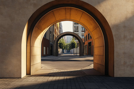 Two elegantly crafted street arches open up to reveal a peaceful alleyway lined with trees, basking in the warm glow of evening light. A perfect blend of architecture and nature awaits.の素材