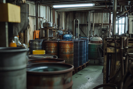 Rows of barrels and containers stand in a shadowy industrial space, filled with various chemicals. The atmosphere hints at a busy workspace, where careful monitoring is crucial for safety.の素材