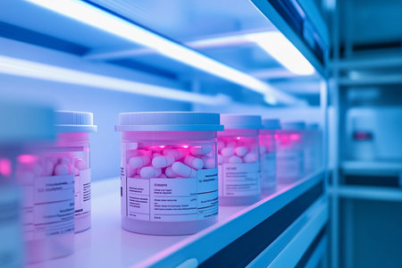 Brightly lit shelves showcase containers filled with pills, highlighting the advanced storage technology used in a medical facility.の素材