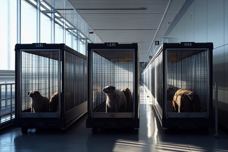 Large animal cages line a bright, sunlit corridor of an airport. Wagging tails and curious eyes peek from within, hinting at the excitement of travel for these furry passengers.の素材