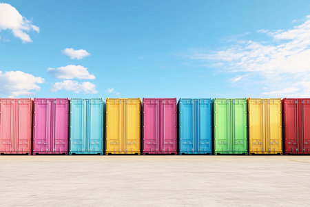 A vibrant array of cargo containers stands in a neat row at the port. Their bright colors contrast beautifully with the clear blue sky, creating a lively atmosphere.の素材