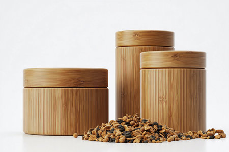 Three beautifully crafted bamboo containers sit elegantly against a clean backdrop, filled with colorful cereals and tea leaves, capturing the essence of minimalist style and natural design.の素材