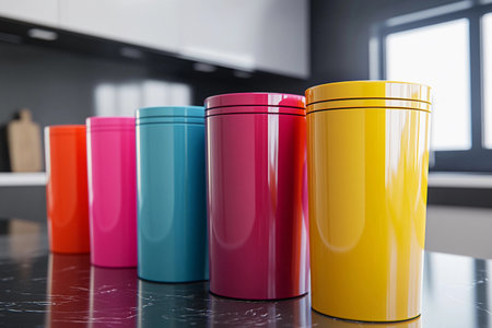 A vibrant set of multi-colored bulk food containers stands elegantly on a modern kitchen counter. Their glossy surfaces reflect light, enhancing the space's cheerful atmosphere.の素材