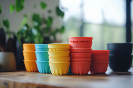 Brightly colored silicone containers are neatly stacked on a rustic wooden table, creating a lively contrast against the greenery and modern decor of the workspace.の素材