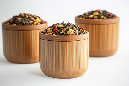 Three beautifully crafted bamboo containers stand in a soft light, each filled with a vibrant assortment of cereals and tea. Perfect for organizing kitchen essentials, they bring warmth to any space.の素材