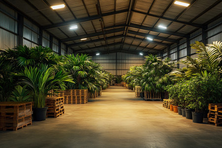 A vast warehouse is dedicated to nurturing a variety of exotic plants. Lush greenery fills the space, with colorful foliage displayed on wooden pallets, creating a tranquil atmosphere for growth.の素材
