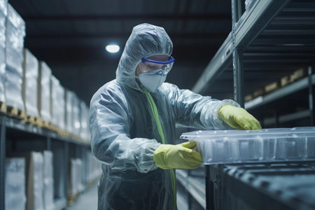 In a dimly lit warehouse, a diligent worker in a protective suit and gloves carefully arranges clear containers on shelves. Safety measures are prioritized in this essential task.の素材