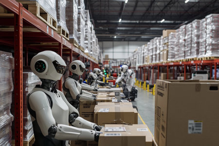 In a modern warehouse, robots and humans efficiently work side by side, packing and organizing boxes. The dynamic atmosphere showcases technology enhancing productivity and teamwork.の素材