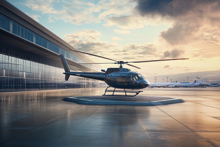 A helicopter descends onto a stylishly designed helipad near a modern airport, bathed in the warm glow of sunset. The surrounding architecture reflects the vibrant colors of the evening sky.の素材
