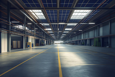 Bright sunlight filters through the large windows of an expansive warehouse. Solar panels line the ceiling, showcasing a commitment to sustainability while providing an open and airy atmosphere.の素材