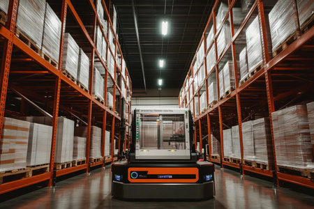 Automated robots navigate a modern warehouse filled with neatly organized pallets. This efficient system enhances productivity by handling goods seamlessly during peak hours.の素材