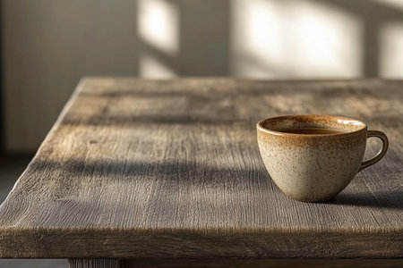 Morning sunlight streams through the window, casting soft shadows on a rustic wooden coffee table. A cozy cup rests on the table, inviting moments of reflection and warmth.の素材