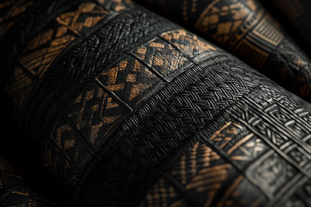 Detailed patterns showcase a woven black tattoo ornament featuring exquisite pea motifs. The natural textures are beautifully captured, reflecting artistry and cultural heritage.の素材