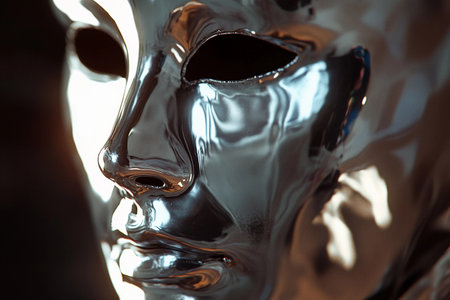 Soft beams of light play across a polished silver mask, highlighting its mesmerizing features.の素材